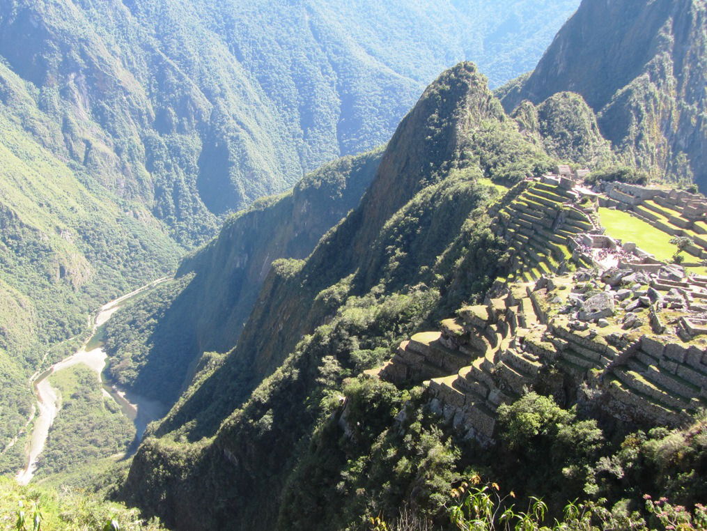 Machu Picchu’s cliff side with the valley below
